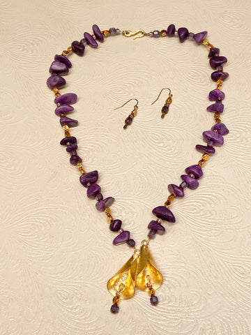 Statement Purple Nugget & Gold Plated Necklace & Earring Set