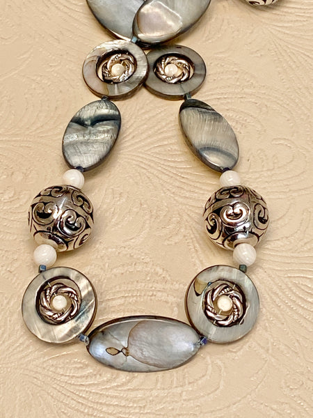 Graceful Silver Abalone, Mother of Pearl and Silver Metal Necklace & Earring Set