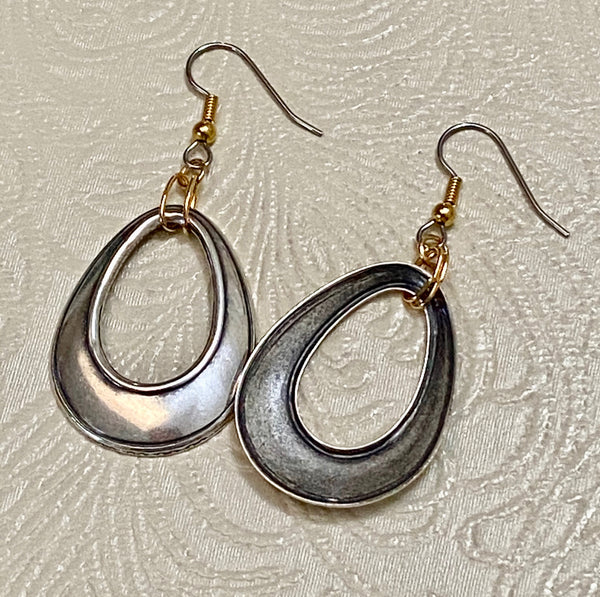 Teardrop Shape Antique Silver-Plate Charm with Gold Accents Earrings