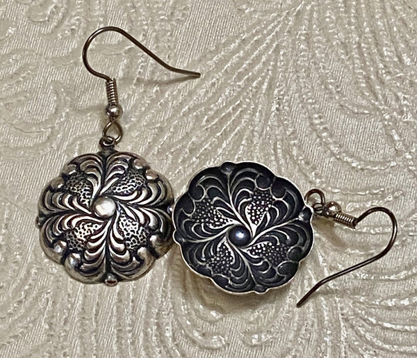 Embossed Feather Motif Antiqued Silver-Plate Charm Earrings