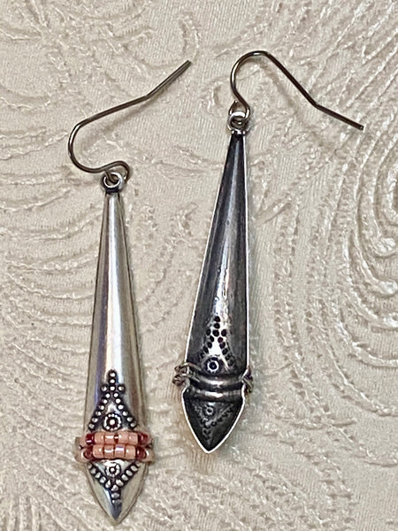 Long Antiqued Silver-Plate Drop with Seed Bead Detail Earrings