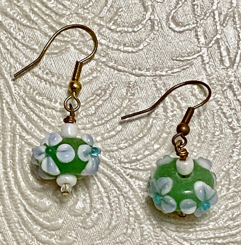 Green & White Floral Lampwork Earrings