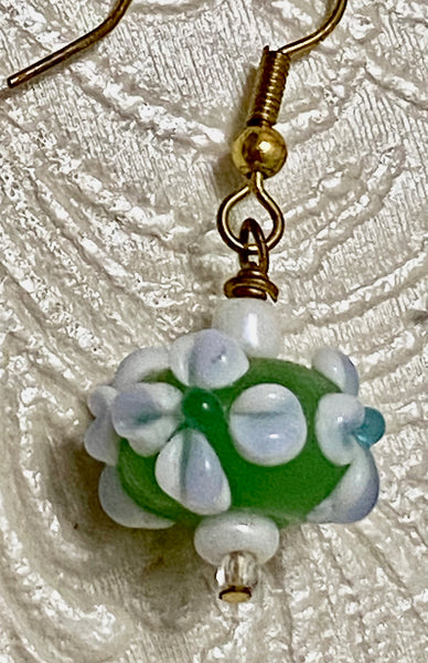 Green & White Floral Lampwork Earrings