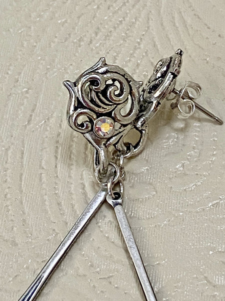 Elongate Silver Plate Fan Charm with Scroll & Crystal Stud Earrings