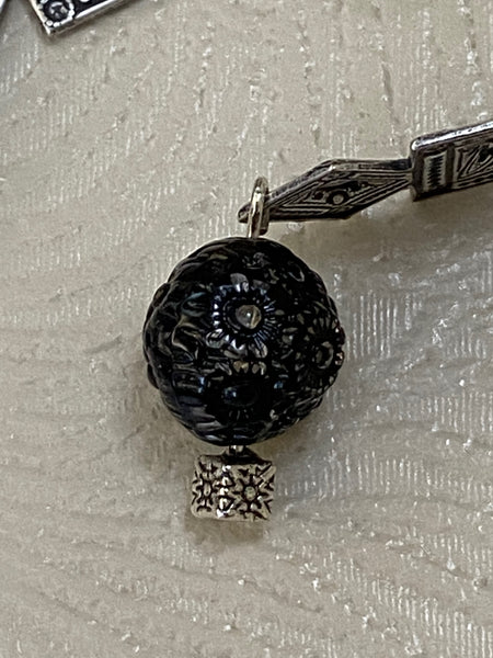 Edwardian Antique Silver Plate Charm with Black Floral Drop Earrings