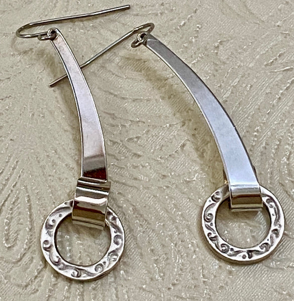 Industrial Steel Charm and Matte Silver Plate Flat Ring Earrings