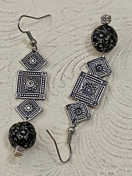 Edwardian Antique Silver Plate Charm with Black Floral Drop Earrings