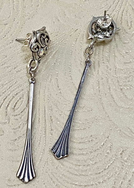 Elongate Silver Plate Fan Charm with Scroll & Crystal Stud Earrings