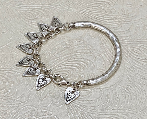 Bar & Link with Heart Dangle Charms, Matte Sterling Silver Plated Bracelet