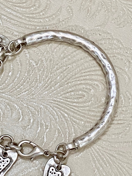 Bar & Link with Heart Dangle Charms, Matte Sterling Silver Plated Bracelet