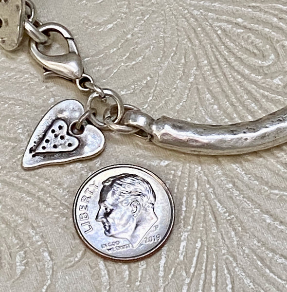 Bar & Link with Heart Dangle Charms, Matte Sterling Silver Plated Bracelet