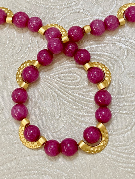 Violet Raspberry Jade and Hammered Matte 22K Gold-Plated Necklace & Earrings