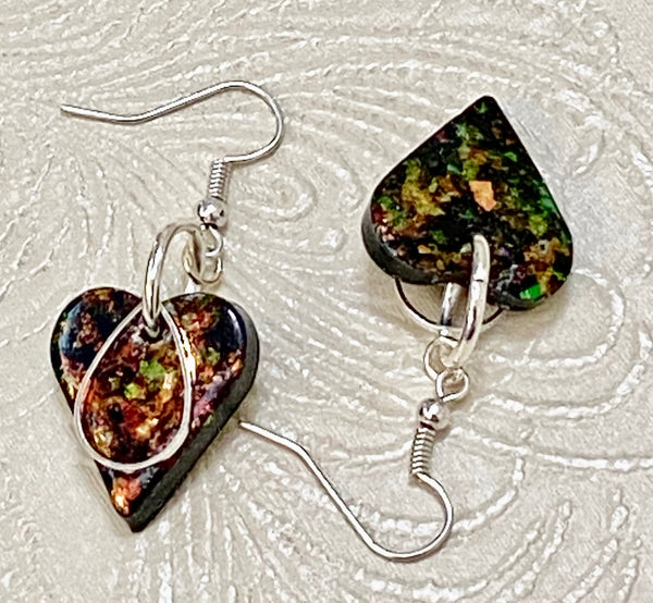 Holographic Iridescent Copper Clay Heart & Silver Metal Charm Earrings