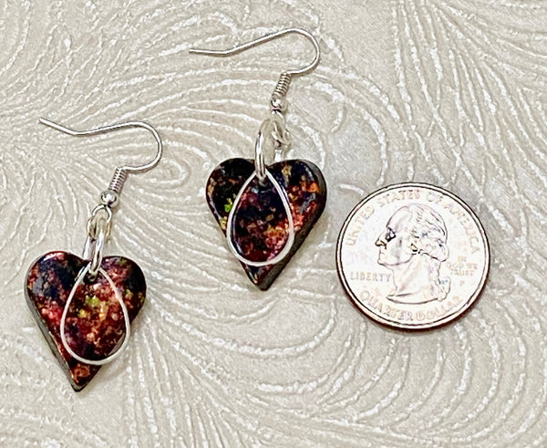 Holographic Iridescent Copper Clay Heart & Silver Metal Charm Earrings