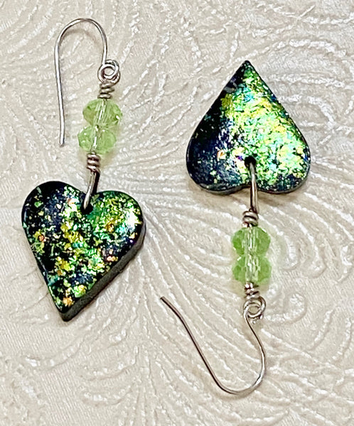 Holographic Iridescent Green Clay Heart & Crystal Earrings