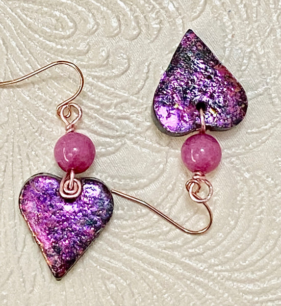 Holographic Iridescent Pink Clay Heart & Jade Earrings