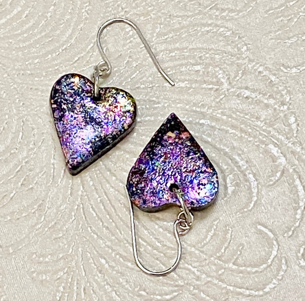 Holographic Iridescent Purple Clay Heart Earrings