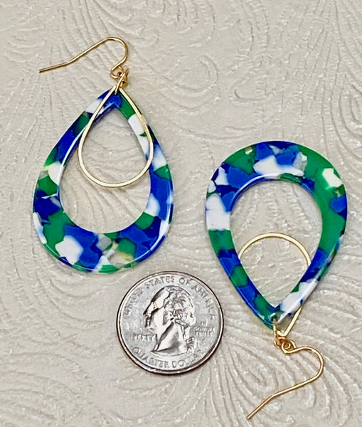 Retro / Mod Blue Green & White Teardrop with Golden Charm Earrings