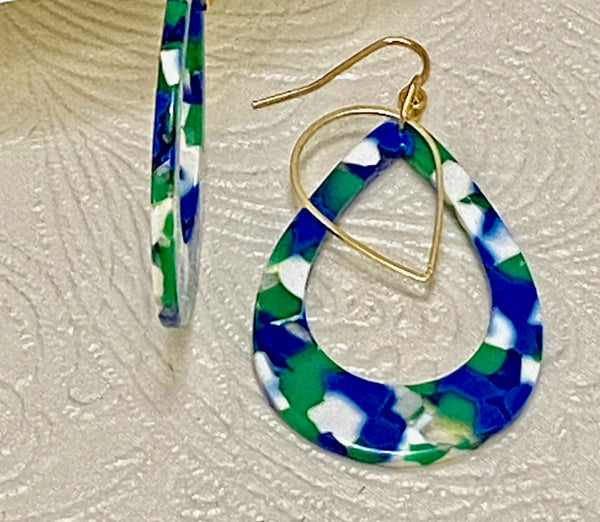 Retro / Mod Blue Green & White Teardrop with Golden Charm Earrings