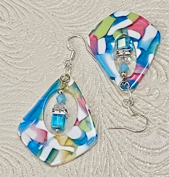 Retro / Mod Multi-Color Diamond Shaped Drop with Crystal Charm Earrings