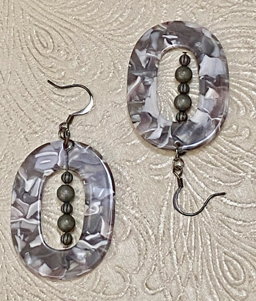 Retro / Mod Taupe & Gray Oval Drop with Gunmetal Beaded Charm Earrings