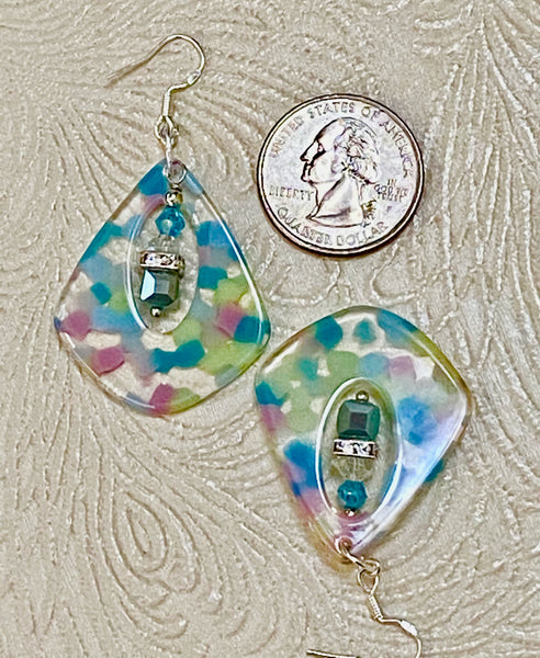 Retro / Mod Pastel Multi-Color Diamond Shaped Drop with Crystal Charm Earrings