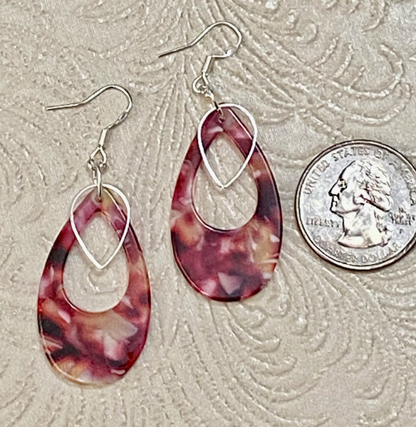 Retro / Mod Red Tortoise Teardrop with Silver Charm Earrings