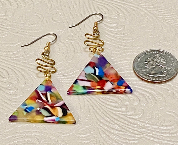 Retro / Mod Bright Multi-Color Triangle with Golden Charm Earrings