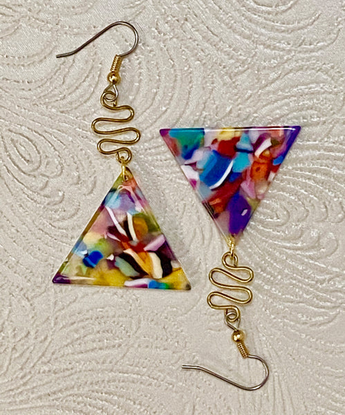 Retro / Mod Bright Multi-Color Triangle with Golden Charm Earrings