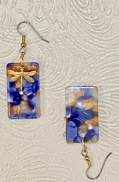 Retro / Mod Blue Tortoise Rectangle with Golden Dragonfly Charm Earrings