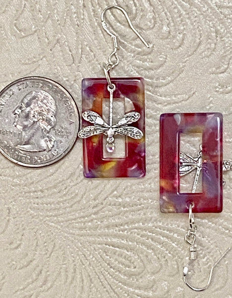 Retro / Mod Red Tortoise Rectangle with Antique Silver Dragonfly Charm Earrings