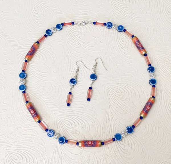 Sunburst Design in Orange & Blue Necklace & Earring Set