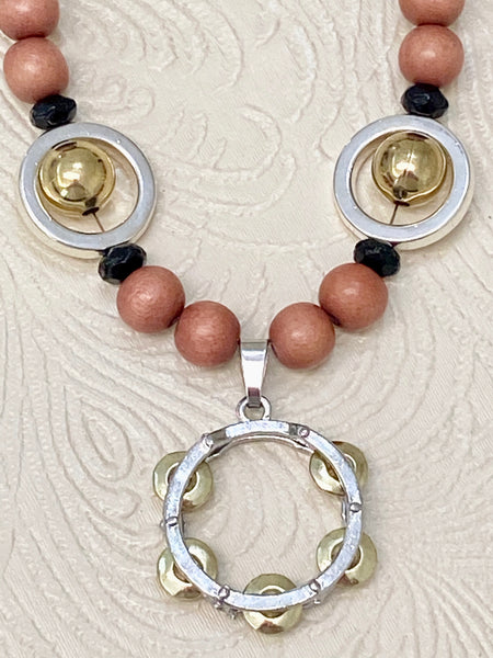 Vintage Music Harmony with Tambourine, Woods & Metals Necklace & Earring Set