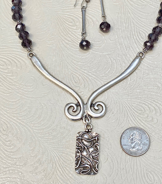 Bold Silver & Amethyst Necklace & Earring Set