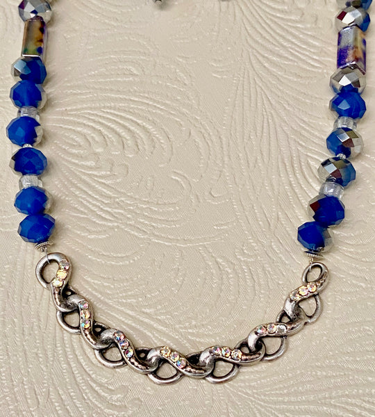 Silver Plate Crystal Studded Connector & Blue Necklace & Earring Set