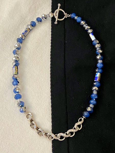 Silver Plate Crystal Studded Connector & Blue Necklace & Earring Set