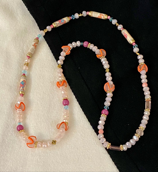 March of the Elephants in Pale Pink & Orange Necklace