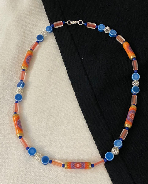 Sunburst Design in Orange & Blue Necklace & Earring Set