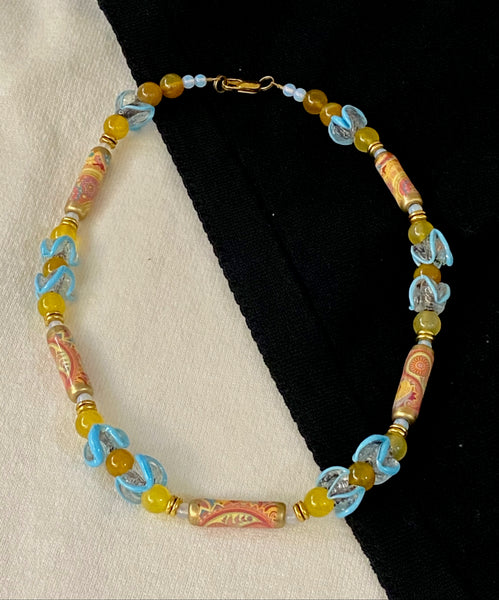 Paisley Pastel Design in Yellow & Powder Blue Necklace & Earring Set