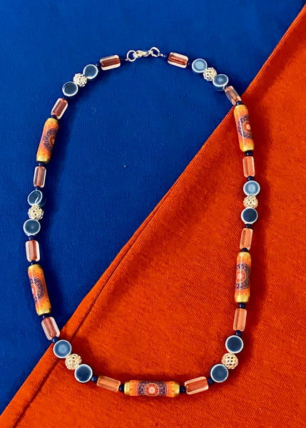 Sunburst Design in Orange & Blue Necklace & Earring Set