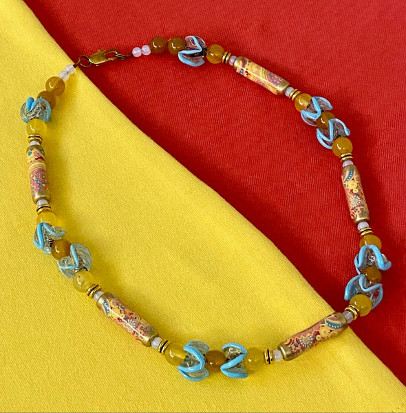 Paisley Pastel Design in Yellow & Powder Blue Necklace & Earring Set