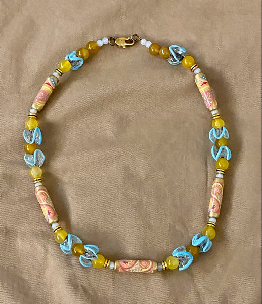 Paisley Pastel Design in Yellow & Powder Blue Necklace & Earring Set