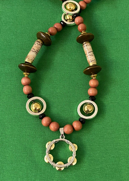 Vintage Music Harmony with Tambourine, Woods & Metals Necklace & Earring Set