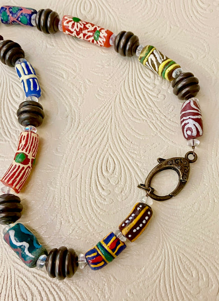 African / Ghana Hand-Painted Bead Necklace & Earring Set