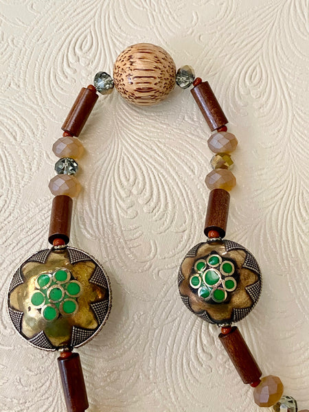 Afghani Inlaid Brass, Crystal & Wood Beads Necklace & Earring Set