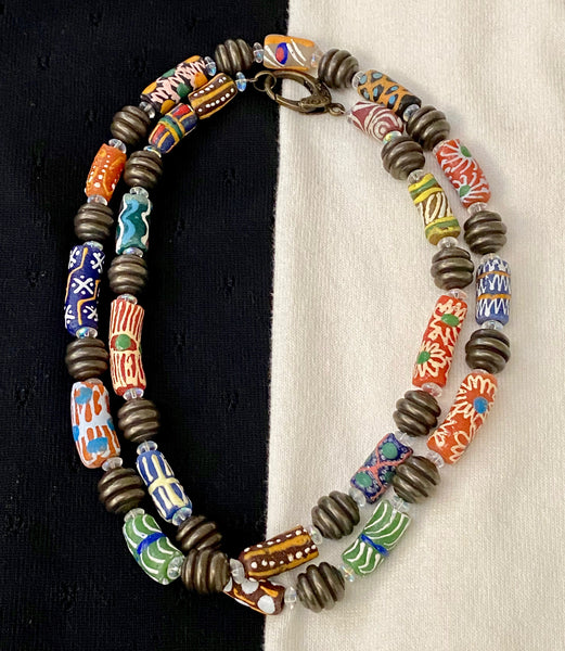 African / Ghana Hand-Painted Bead Necklace & Earring Set