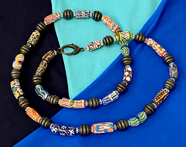 African / Ghana Hand-Painted Bead Necklace & Earring Set