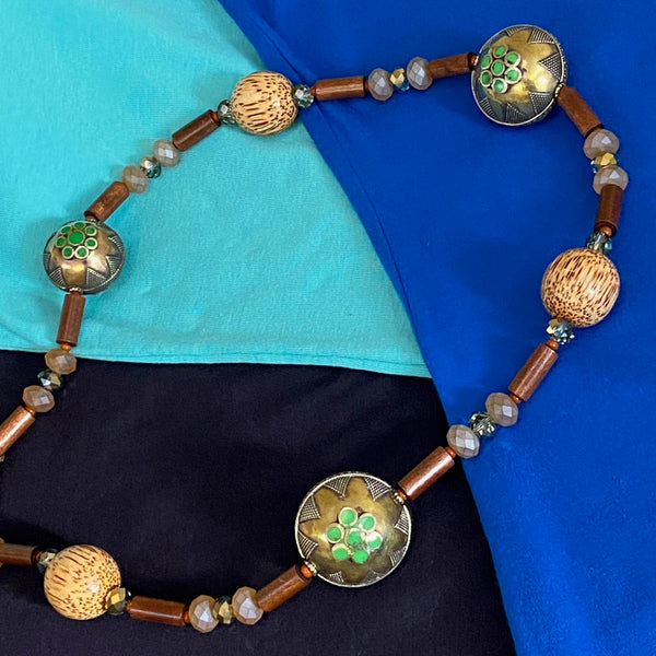 Afghani Inlaid Brass, Crystal & Wood Beads Necklace & Earring Set