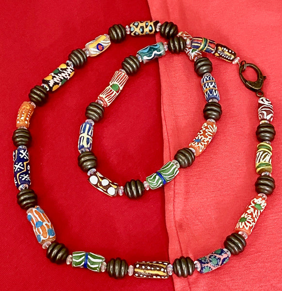 African / Ghana Hand-Painted Bead Necklace & Earring Set