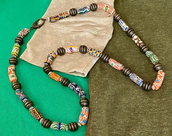 African / Ghana Hand-Painted Bead Necklace & Earring Set